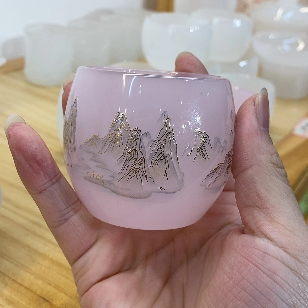 手工艺品琉璃粉红色千里江山主人杯