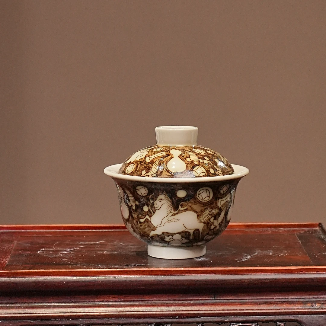 渐升堂全金杂宝马盖碗景德镇茶杯茶具茶室男女必备用品网红茶器