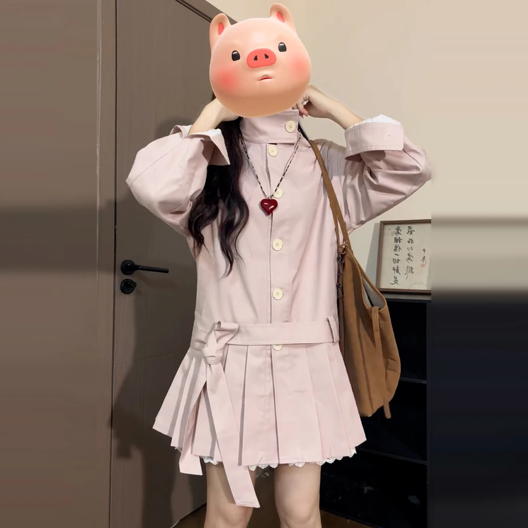 法式温柔风粉色衬衫连衣裙子女装秋冬2025新款小个子收腰风衣短裙
