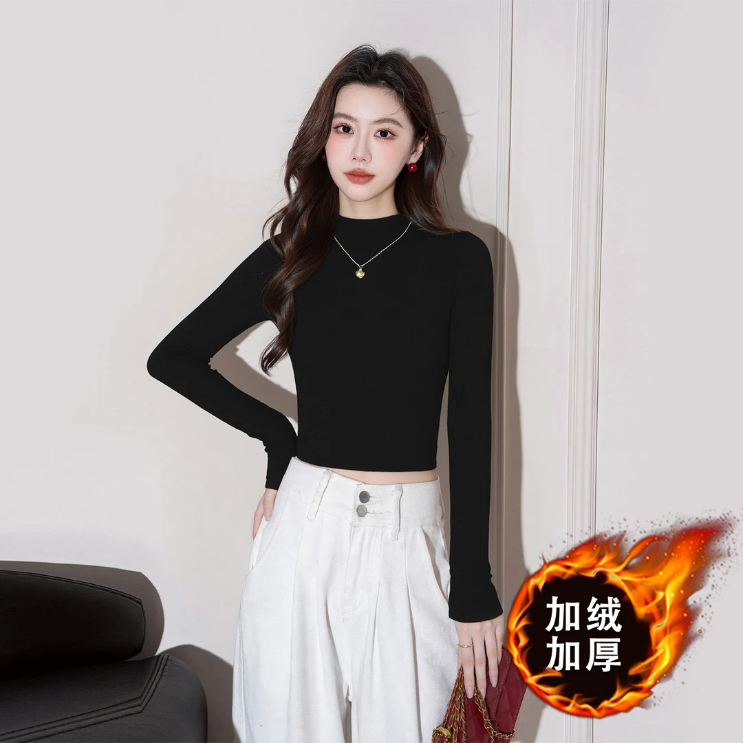 黑色磨毛加厚打底衫女秋冬内搭2025年新款高腰露脐短款保暖上衣