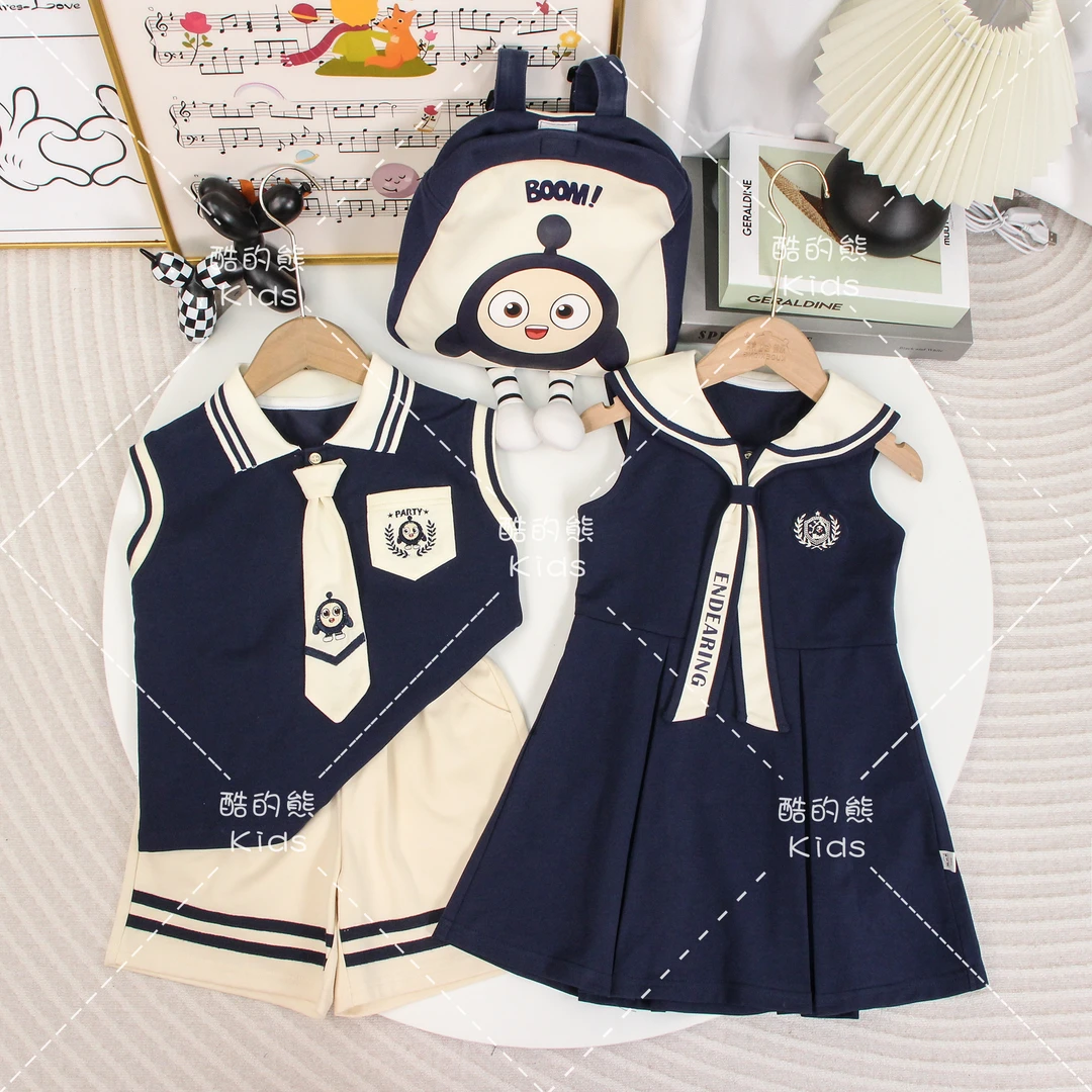 2025男童女童夏季翻领背心套装儿童洋气淑女无袖版连衣裙D2S5-814