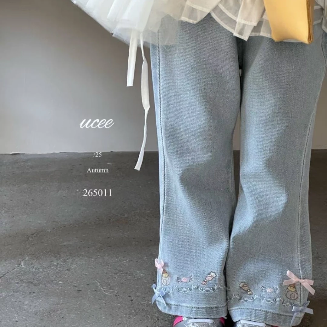 2025秋季新款刺绣韩版百搭甜美微喇裤女童