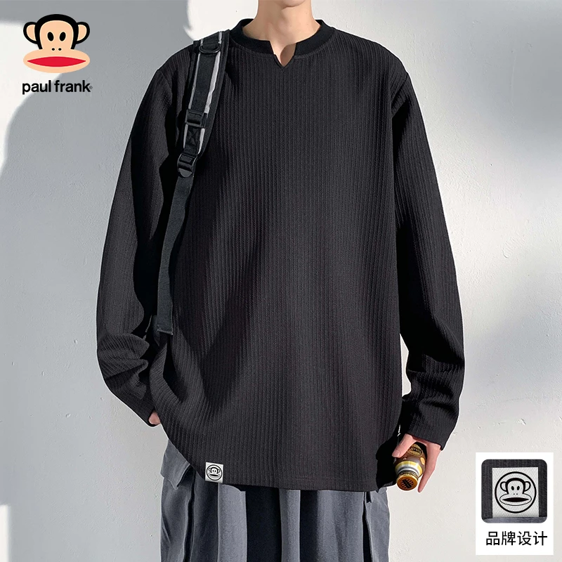 PaulFrank/大嘴猴条纹V领内搭长袖T恤男2025秋季新款休闲宽松上衣