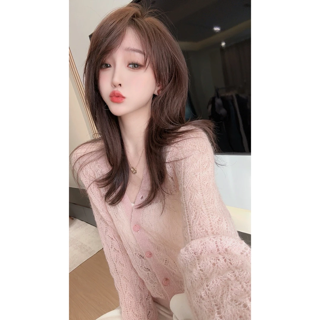 【CHEN】洋气女人味镂空微透v领毛衣温柔减龄长袖针织开衫25021614