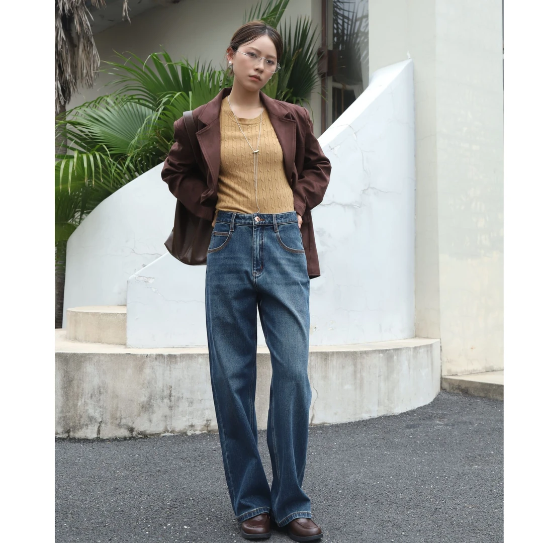 三本针窄版直筒牛仔裤女中腰新款2025秋冬季深蓝修身显瘦裤子宽松