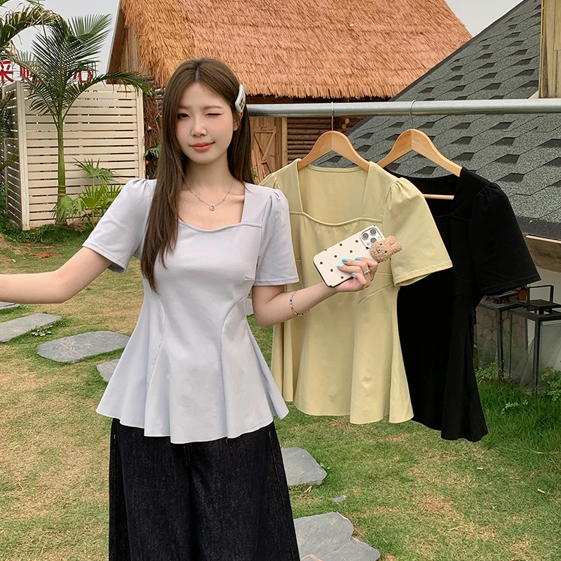 J2025夏装新款胖mm大码收腰百褶下摆短袖T恤方领百搭显瘦正肩上衣