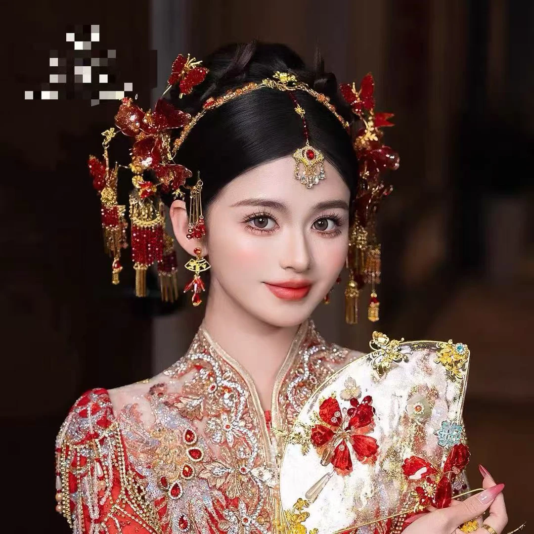 发箍款新中式红金撞色新娘结婚精美古风步摇发饰发箍款3368