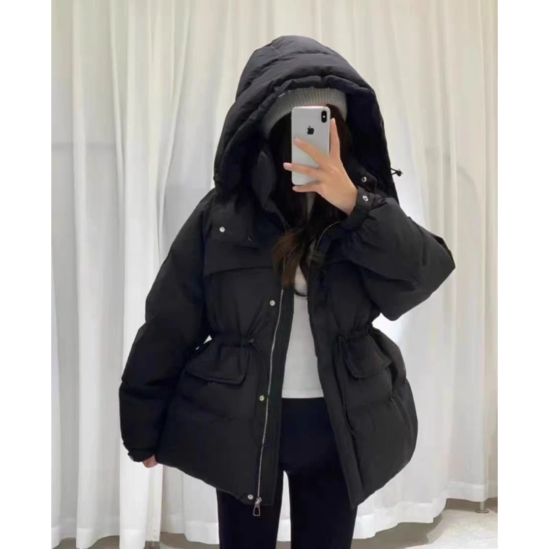 A75#韩版设计感连帽休闲收腰羽绒服女时尚中长款冬季保暖外套