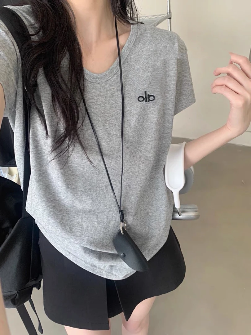 夏季竹节雪花棉短袖T恤女v领刺绣简约显瘦宽松打底上衣