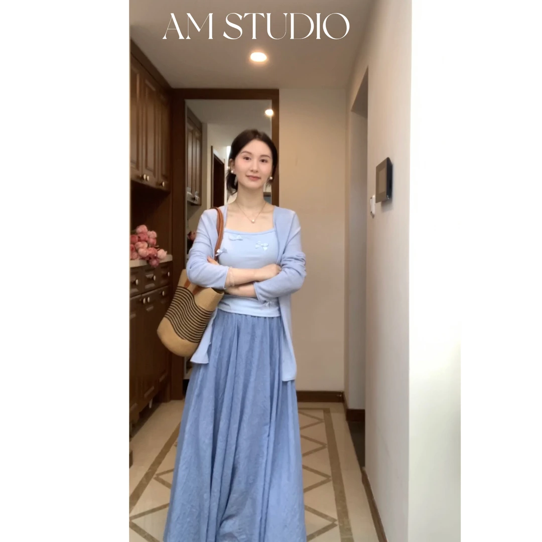 去有风的地方 慵懒随性薄款长袖蓝色针织开衫宽松显瘦