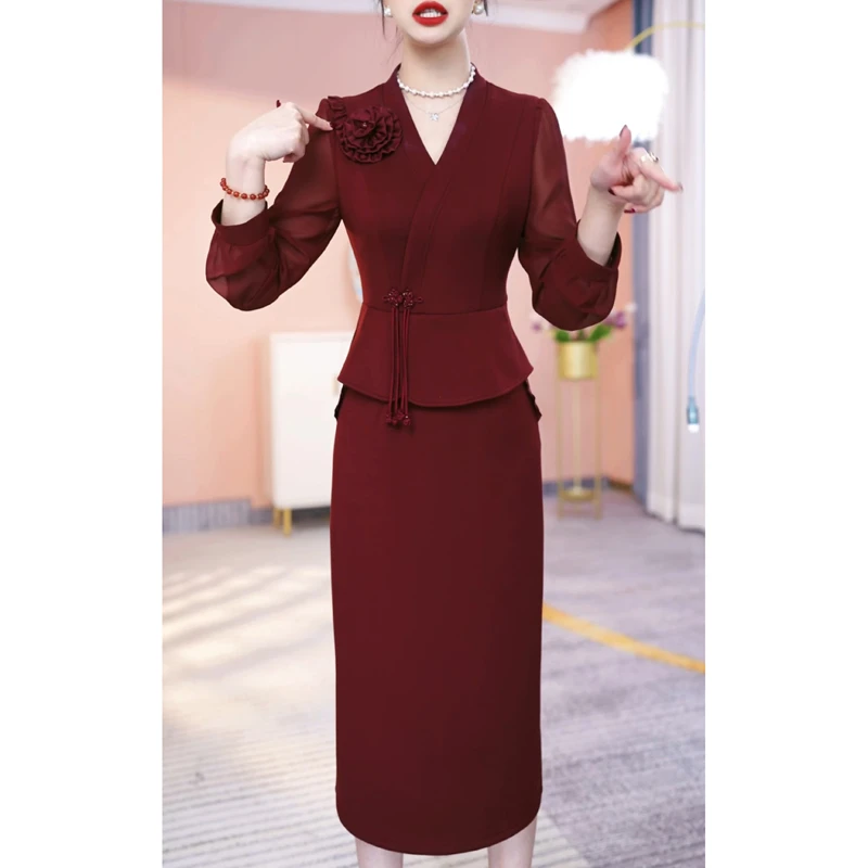 喜婆婆婚宴礼服连衣裙女2025春秋新款妈妈装高端洋气红色长袖裙子