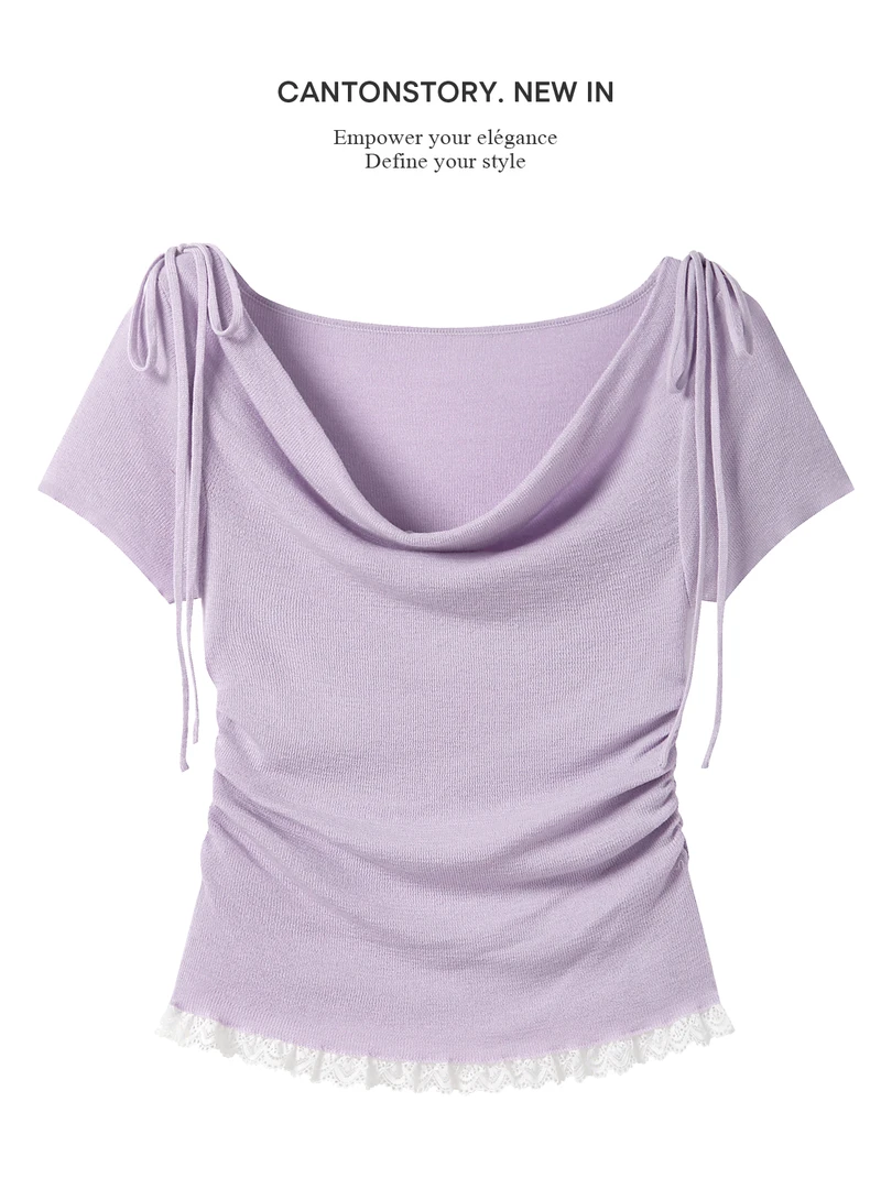 温柔风蕾丝拼接短袖t恤女2025夏季新款修身休闲收腰针织衫上衣ins