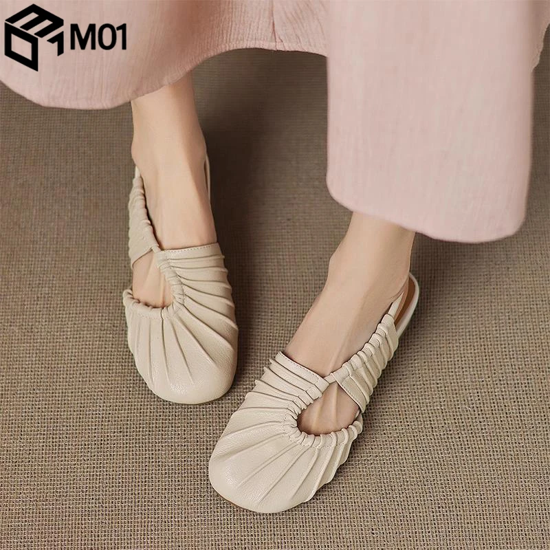 M01绝美褶皱包头凉鞋女2025夏季新款配裙子森系复古文艺平底单鞋