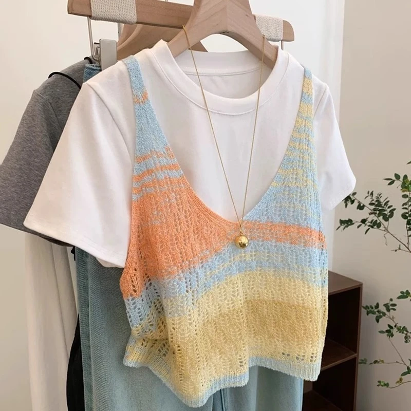 两件套背心+白色短袖T恤女2025新款夏季假两件设计感正肩宽松上衣