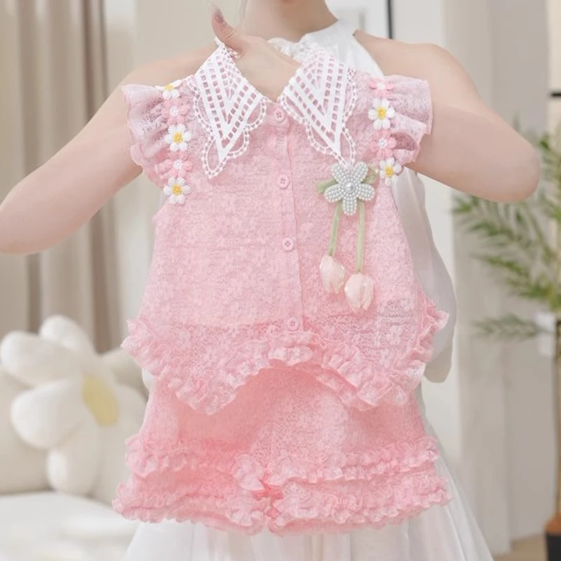 宝宝2025新款夏季甜美粉色洋气花边女童连体衣可爱公主风外出服
