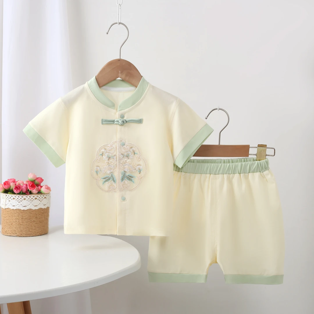婴儿夏季短袖套装男女宝宝新中式短袖T桖短裤轻薄款中国风两件套