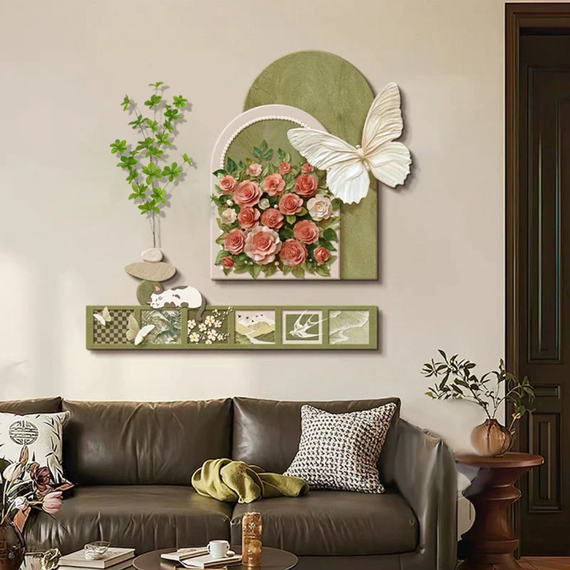 CS-014蝴蝶玫瑰餐厅装饰画入户玄关挂画法式绿植餐桌挂画捡漏