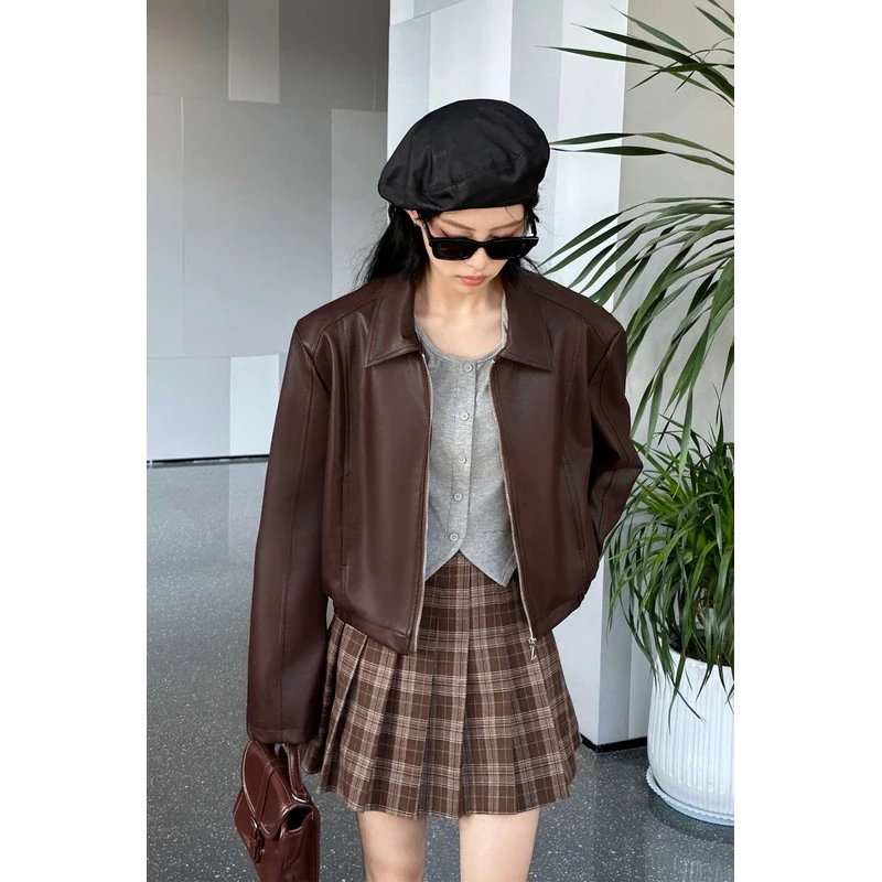 早秋外套女港风复古小个子皮衣感短款百搭时尚显瘦机车夹克