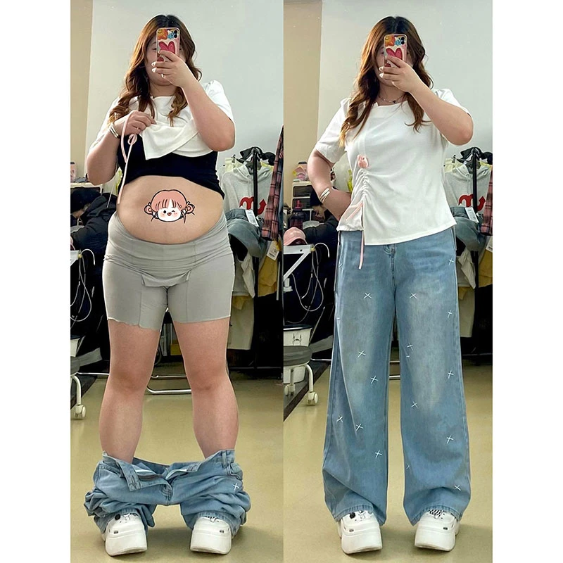 特大码女装直筒牛仔裤女早秋新款胖mm宽松显瘦美式复古刺绣阔腿裤