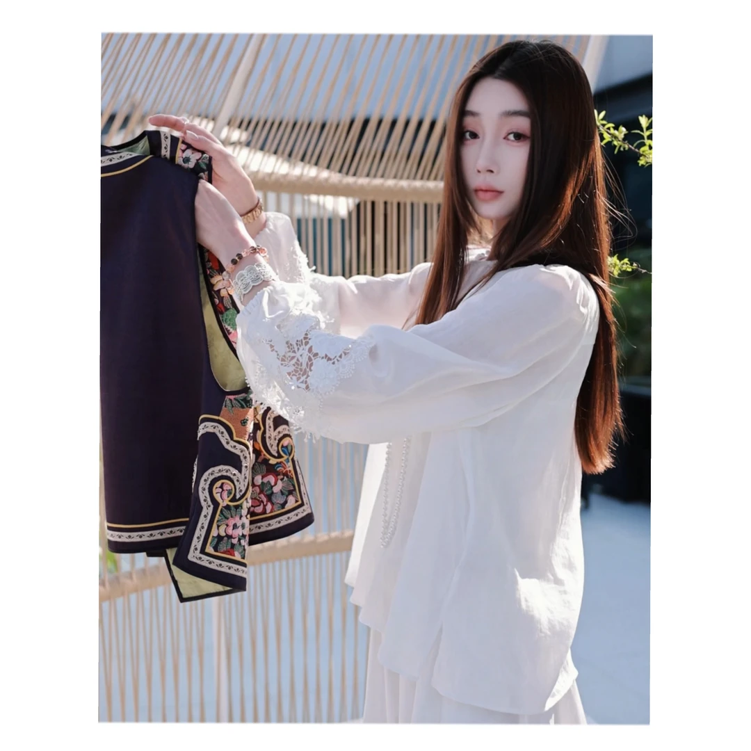 23-【仙灵】宝儿家含幂BK59724412春季穿搭灵动泡泡袖刺绣亚麻衬衫