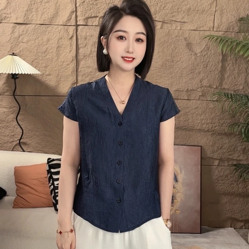 2025夏季新款珠光不透肉 V领收腰薄款舒适短袖衬衣女上衣