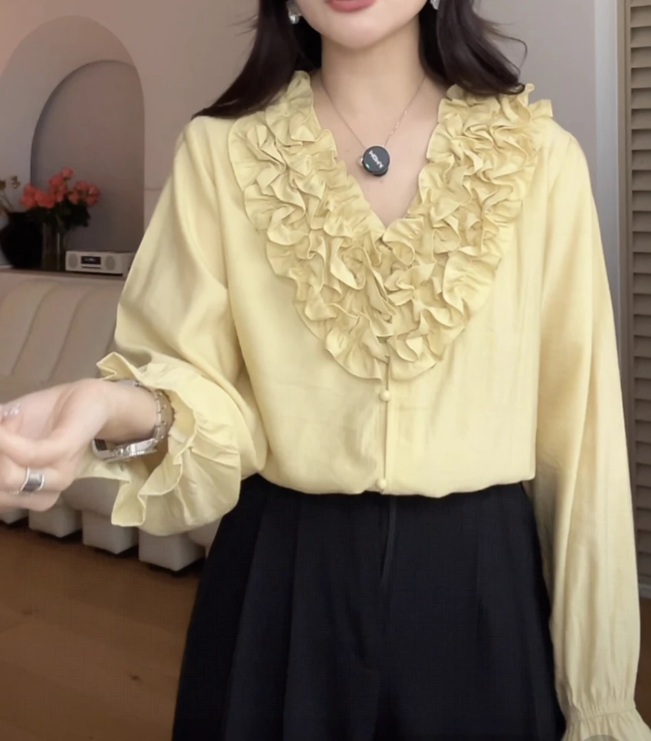 法式气质荷叶边黄色衬衫女2025早秋新款独特别致chic宽松显瘦上衣