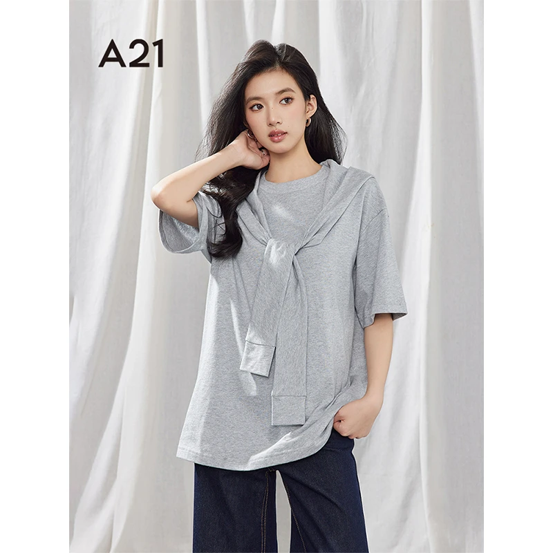 A21女装针织宽松连帽落肩假两件短袖休闲T恤F451231029