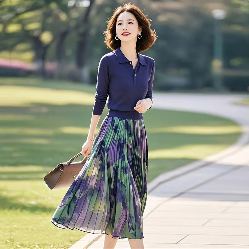 长袖翻领针织衫T恤女气质显瘦套装春秋高腰中长款印花百褶半身裙