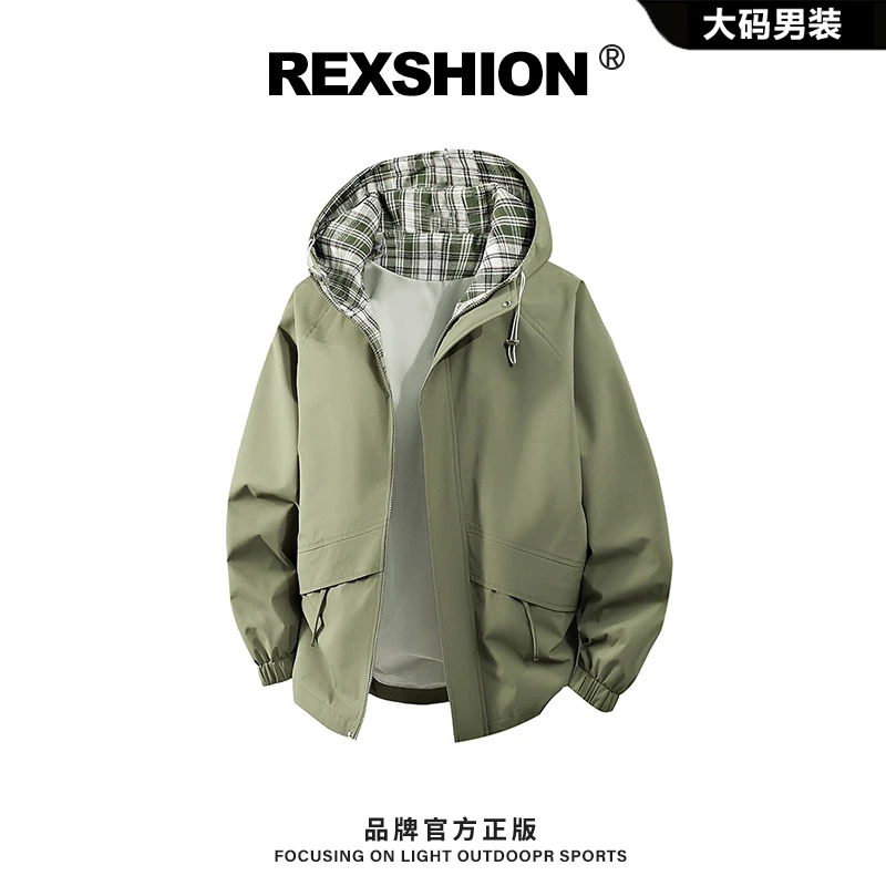 REXSHION秋季新款条纹格连帽工装夹克男美式小众休闲宽松百搭外套