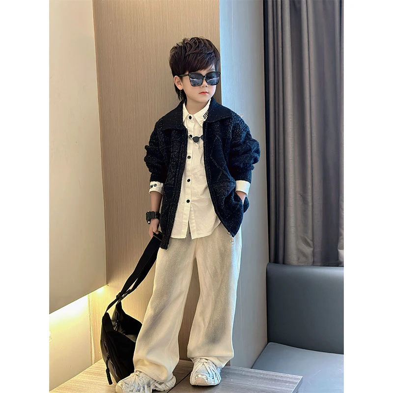 纯色亮晶晶男童针织开衫洋气童衣外套大童2025春秋装新款上衣童装