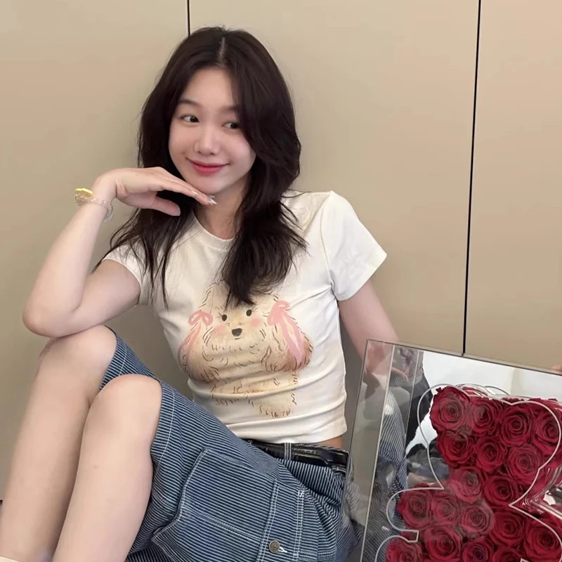 可爱小狗甜美减龄圆领正肩短袖T恤女夏季短款修身印花上衣ins显瘦