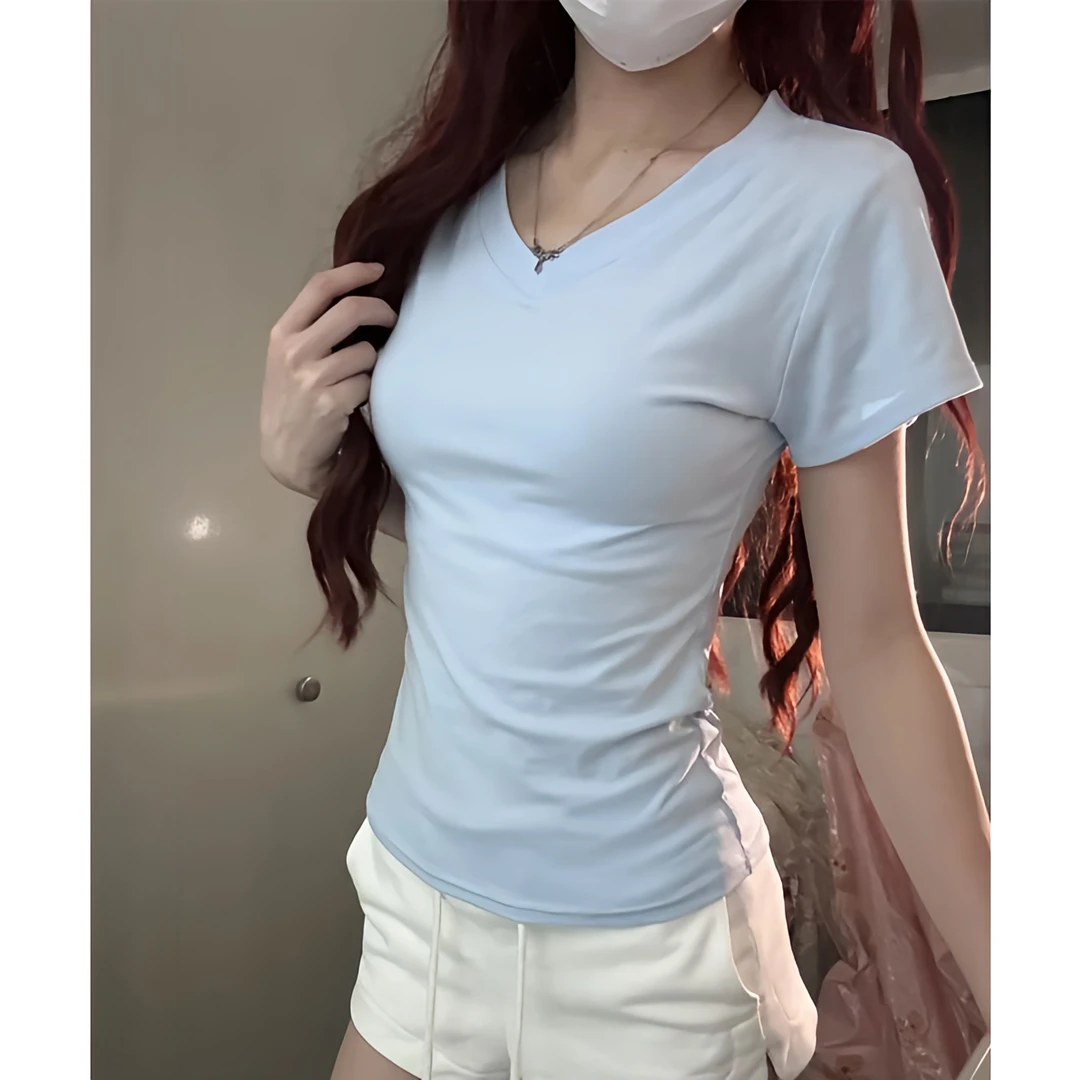 短袖T恤女夏季2025新款爆款纯欲风v领紧身显瘦百搭简约新潮风上衣