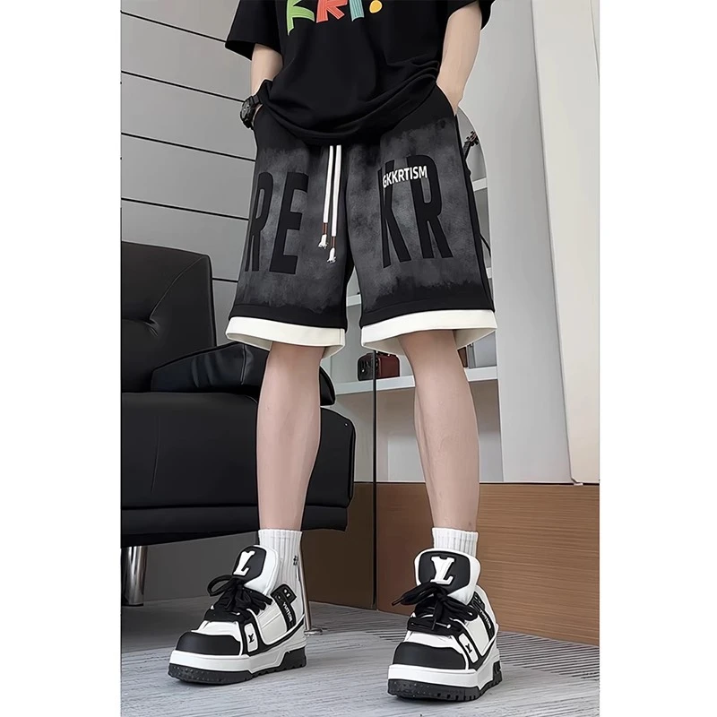 仓石一树假两件字母短裤男夏新款美式潮牌宽松大码运动休闲五分裤