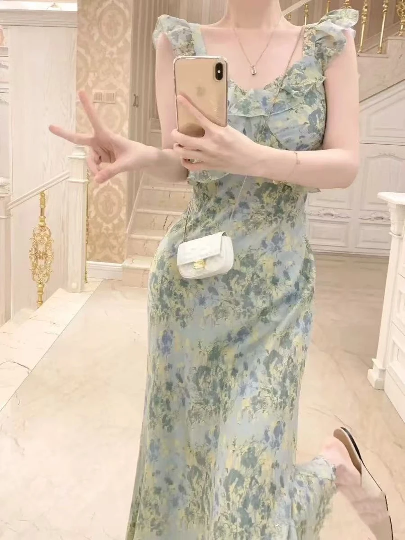 2617蓝绿色碎花连衣长裙