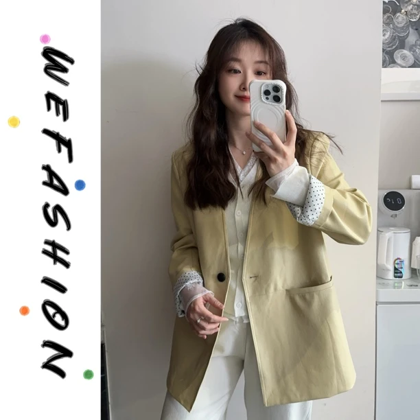 【WE】大女主的名字！春韩版复古V领宽松机车皮衣西装外套