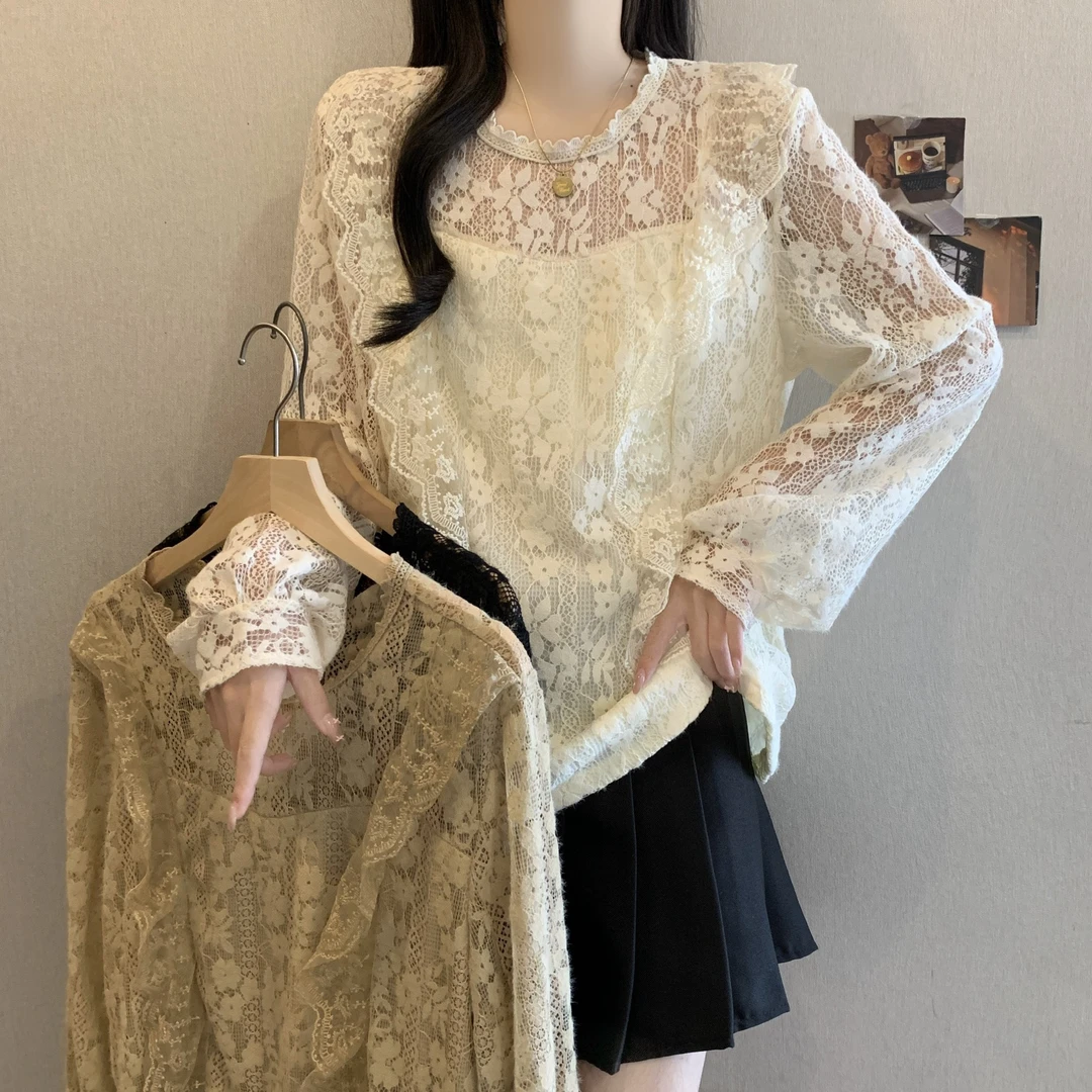 大码女装微胖mm显瘦法式蕾丝花边拼接气质蕾丝衫秋冬打底衫