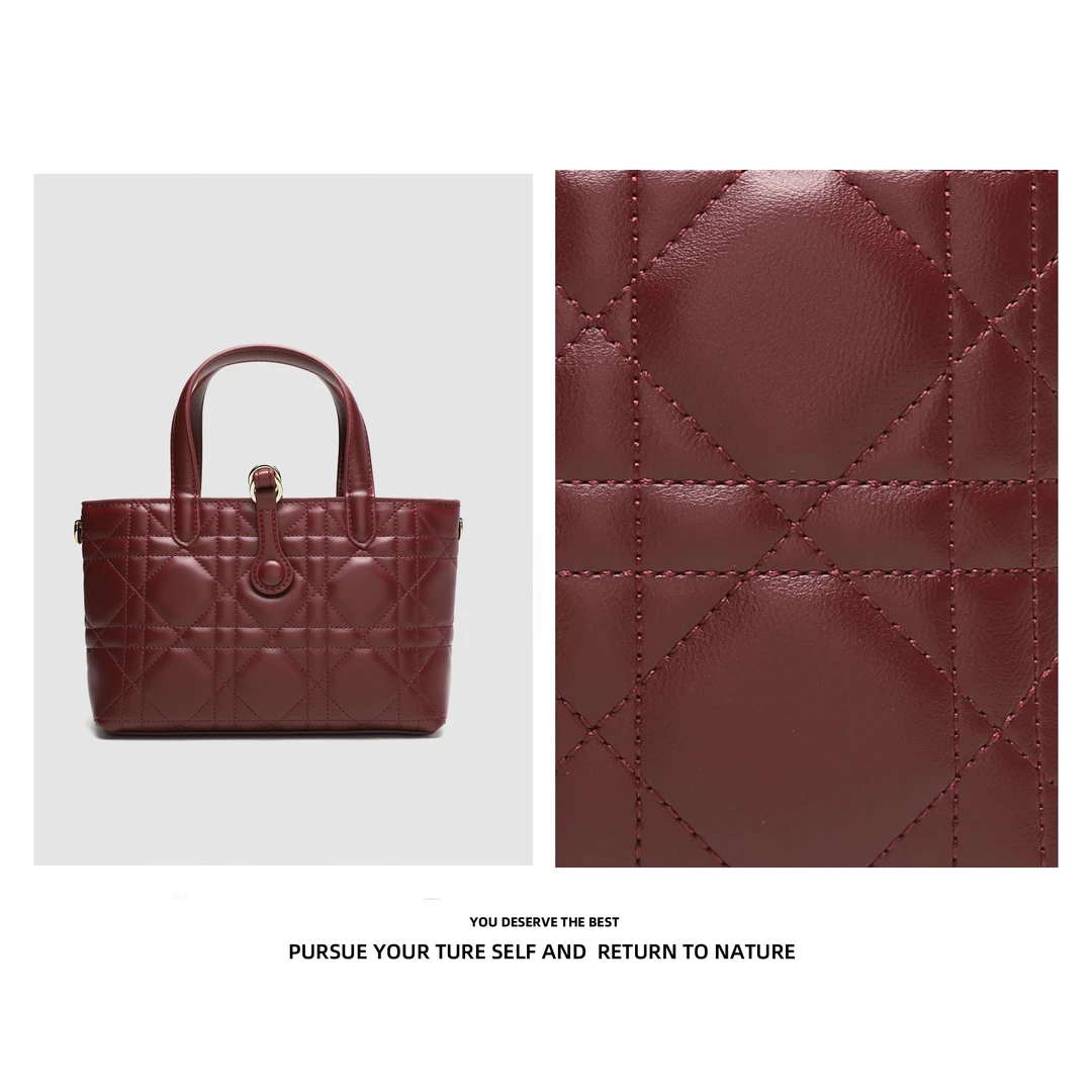 【高定系列】2025年新款轻奢时尚百搭单肩斜挎酒红色菱格手提包