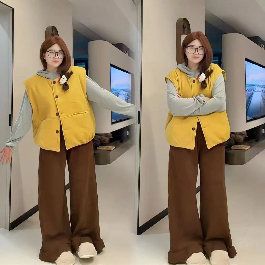 新款韩系大码复古叠穿棉马夹通勤百搭打底衫木耳边加绒阔腿裤套装