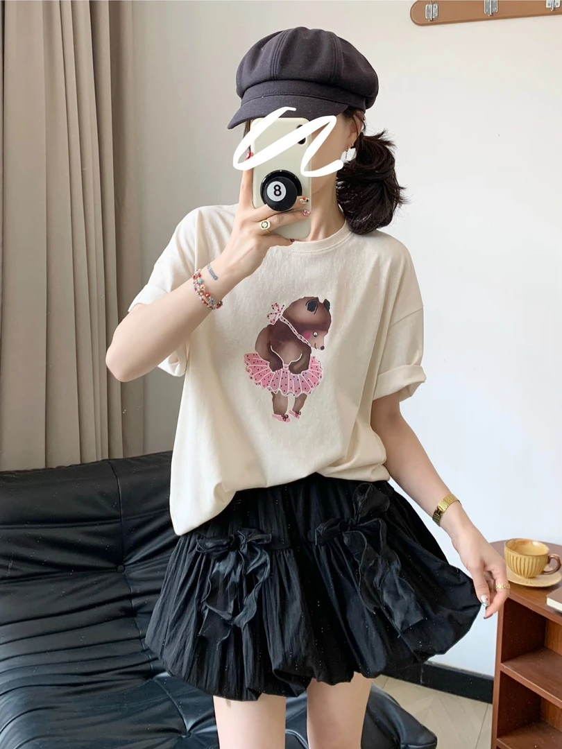 程程甄选  韩系小众粉色裙小熊舒适雪花棉休闲T恤8408
