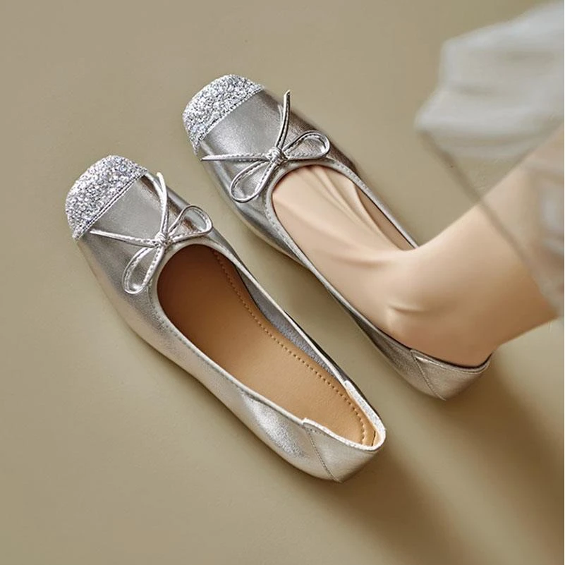 法国蝴蝶结银色芭蕾女鞋2025新款浅口平底裙