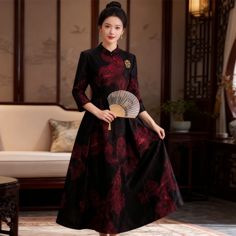 【思琪精选】秋季新款优雅妈妈气质长款中国风旗袍改良连衣裙24398