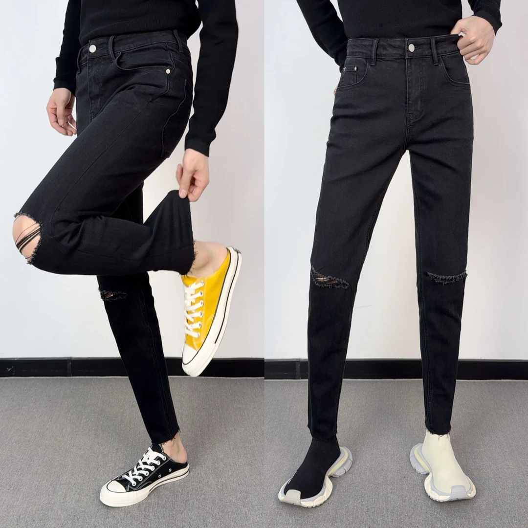 西蒙曹-男士休闲时尚修身韩版显瘦微弹水洗一刀切破洞牛仔裤