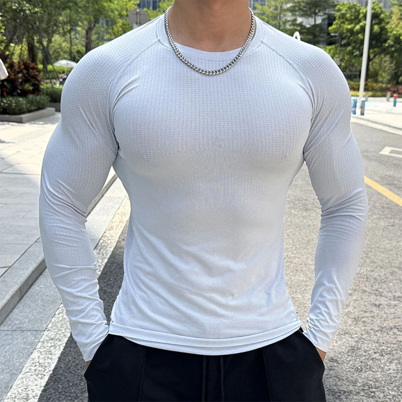 无缝提花运动长袖男士秋季透气弹力速干T恤跑步健身服显大打底衫