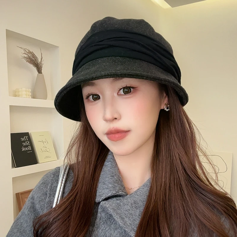 朵澜新品加厚毛呢日系山本风渔夫帽大头围显脸小加棉保暖翻边盆帽