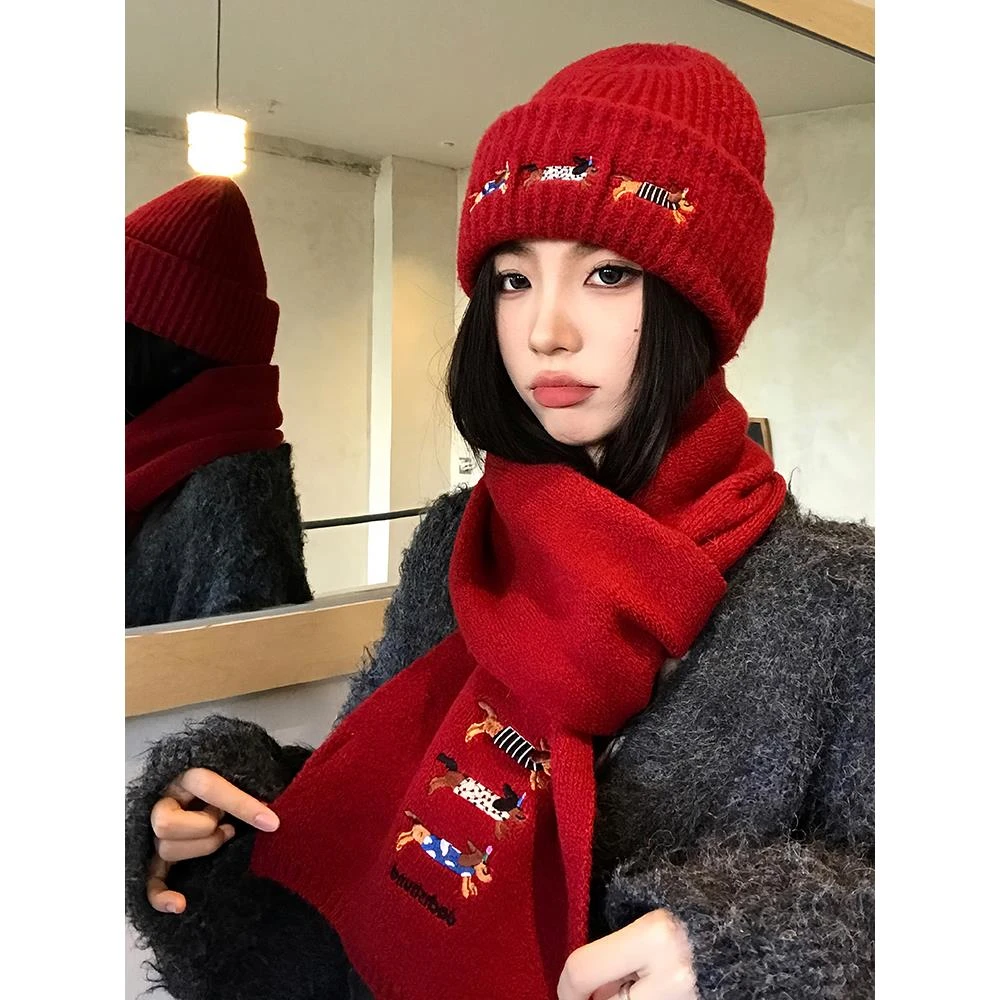 范哲萨毛线帽围巾套装女秋冬大红色圣诞过年本命年加厚保暖显脸小