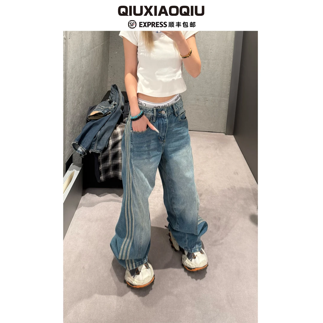 【Qiuxiaoqiu】巴黎三条杠弯刀裤重工水洗做旧宽松复古休闲牛仔裤