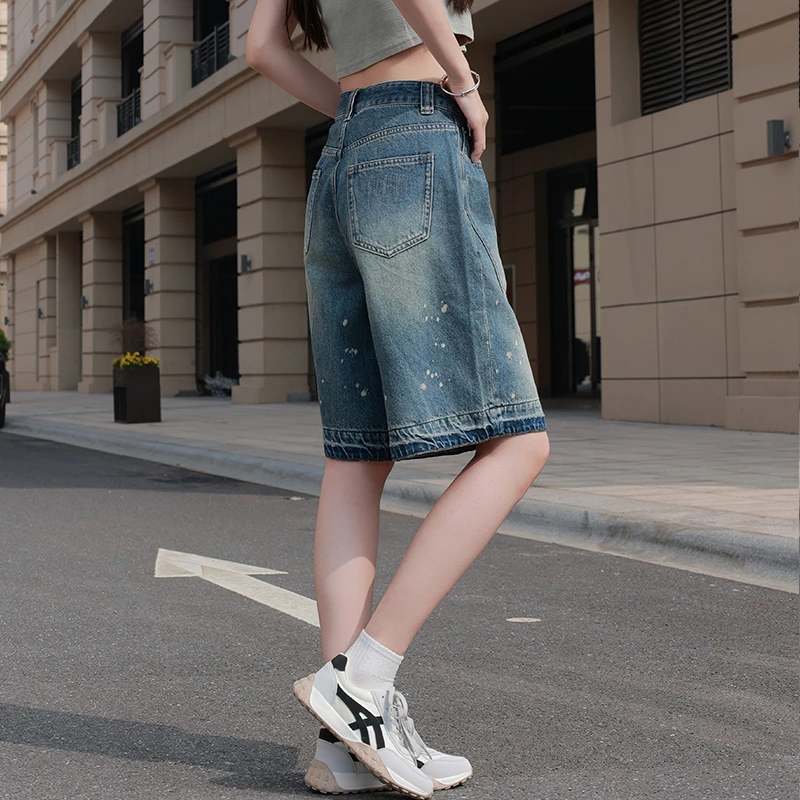 漆点牛仔短裤女款夏天五分裤爆款2025新款阔腿外穿设计感显瘦中裤
