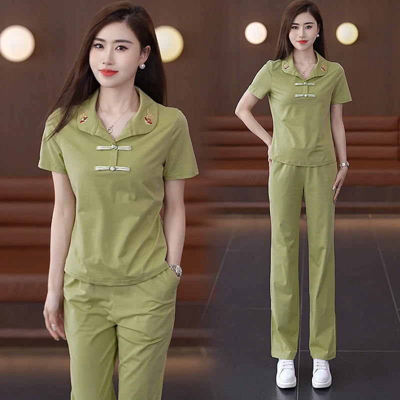 高含棉新中式国风运动服套装女2025年夏季新款印花翻领t恤两件套