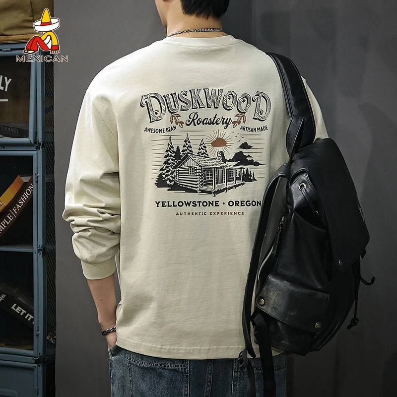 Mexican/稻草人秋季潮牌印花长袖T恤男士美式休闲宽松时尚打底衫t