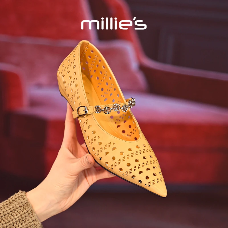 MILLIE S/妙丽真皮镂空一字扣玛丽珍鞋女尖头浅口单鞋低跟温柔鞋